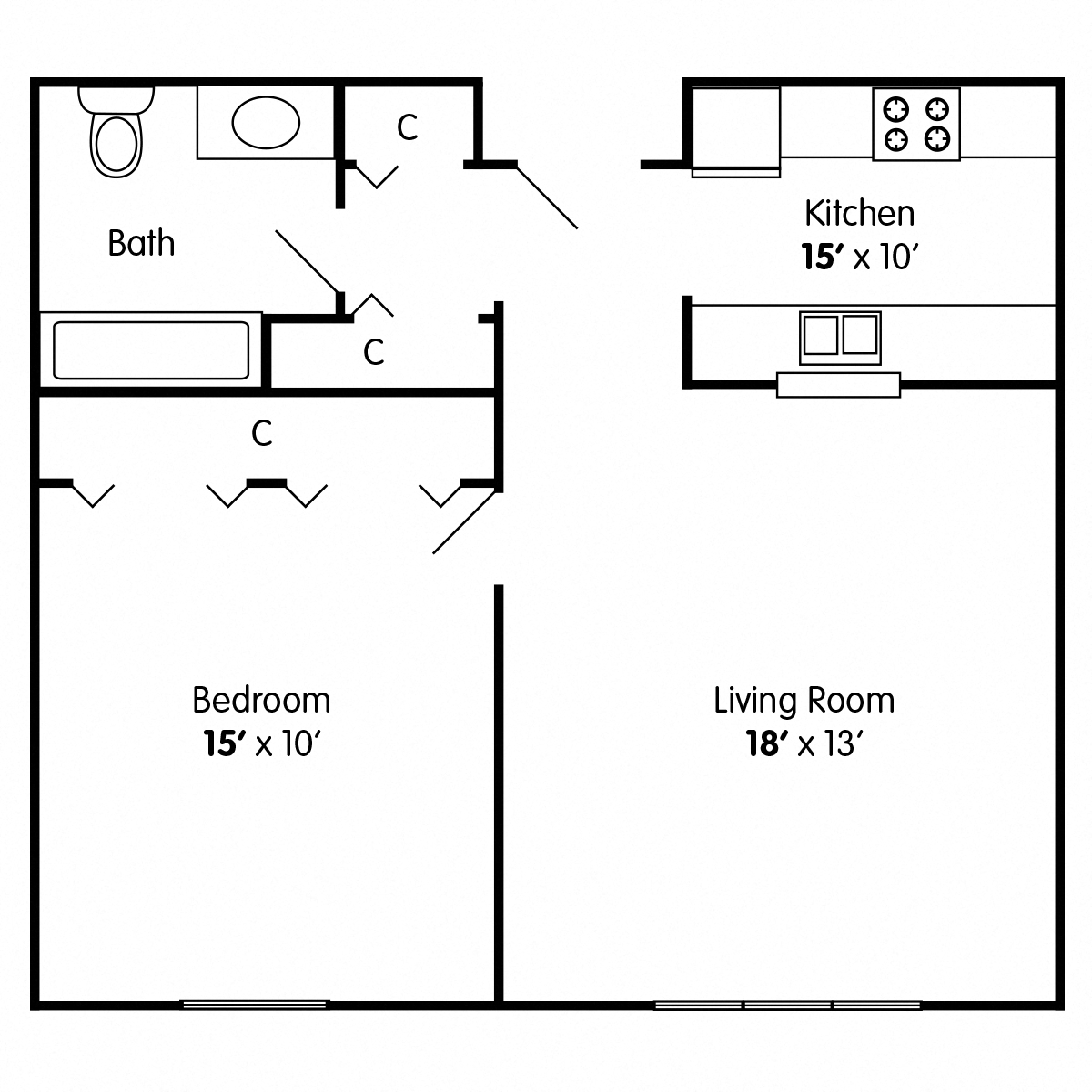 Floor plan for 1 bed, 1 bath, 644 sqft